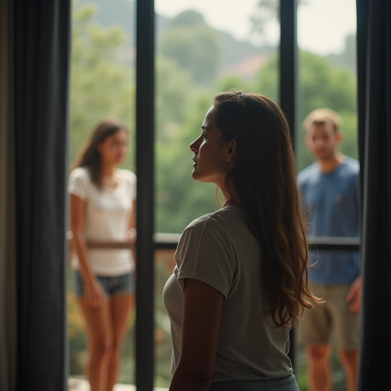 Mulher isolada, amigos ao fundo desfocados, em apartamento brasileiro.