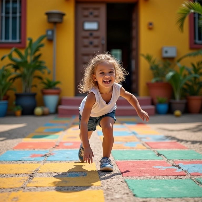 Mulher jogando amarelinha em um pátio colorido, coordenação e diversão em movimento.