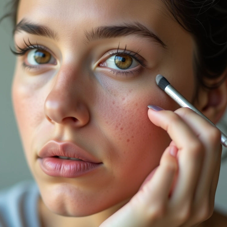 Mulher jovem aplicando maquiagem em pele acneica, com foco na textura da pele.