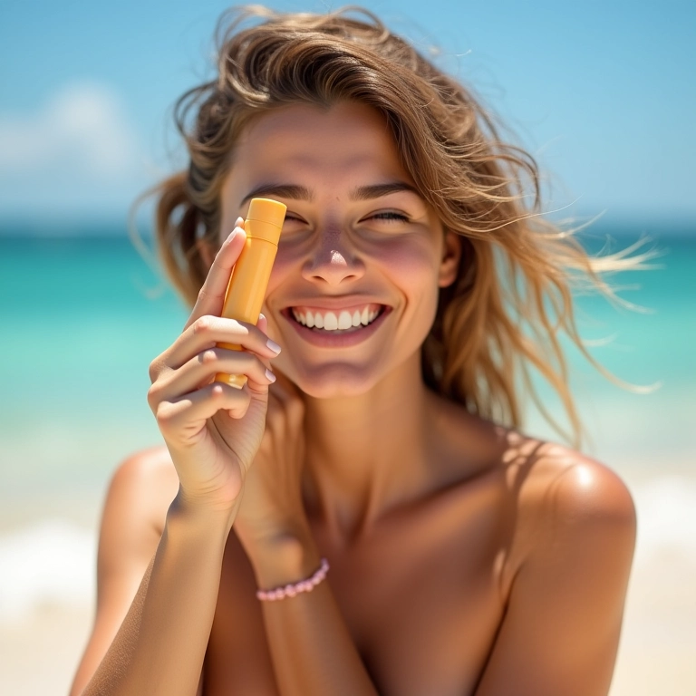 Mulher jovem aplicando protetor solar na praia.