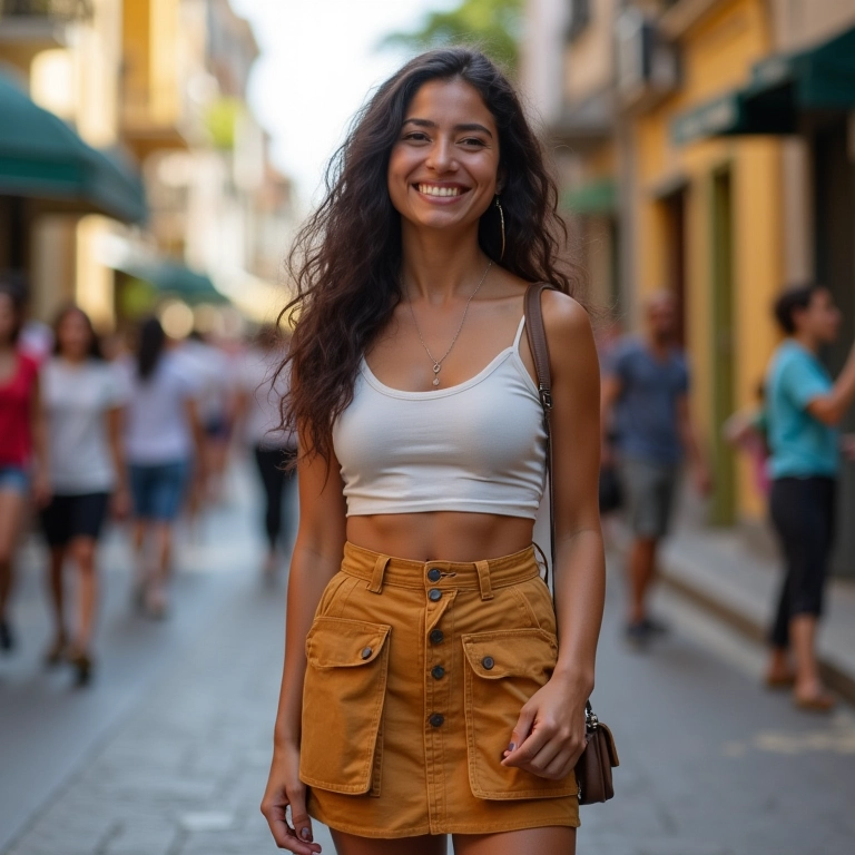 Mulher jovem brasileira com saia cargo estilosa sorrindo em rua vibrante do Rio de Janeiro.
