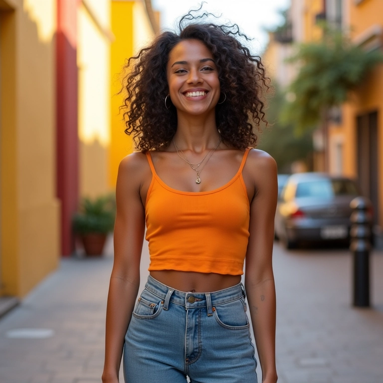 Mulher jovem brasileira sorrindo, usando cropped e jeans em cenário urbano.