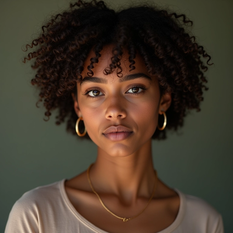 Mulher jovem com cabelo cacheado curto preso lateralmente com acessórios estilosos.