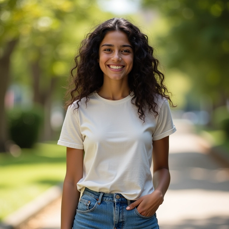 Mulher jovem com calça jeans e camiseta básica sorrindo em parque.