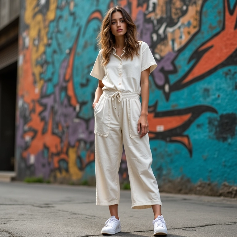 Mulher jovem com conjunto de linho e tênis branco em cenário urbano com grafite.