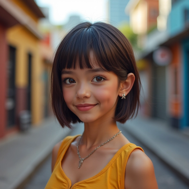 Mulher jovem com corte shag curto em cenário urbano vibrante no Rio de Janeiro.