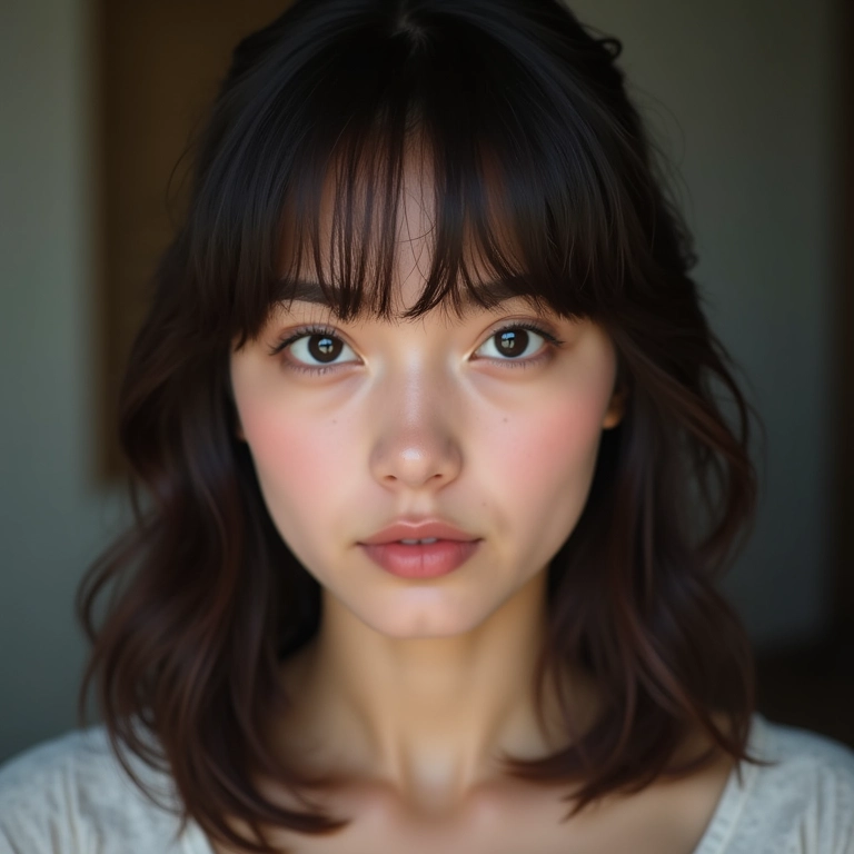 Mulher jovem com franja cortina e rosto em formato de coração, olhando para a câmera com confiança.