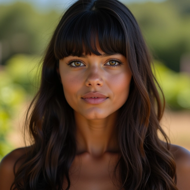 Mulher jovem com franja reta clássica e cabelo liso longo em cenário vibrante.