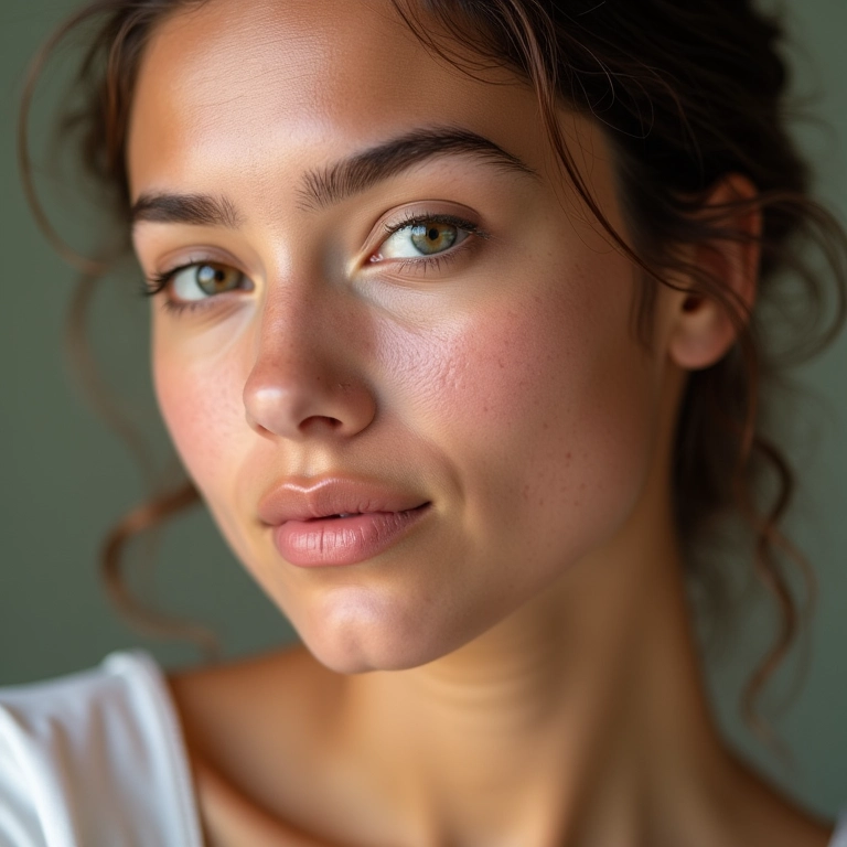 Mulher jovem com pele limpa após tratamento LED para acne.