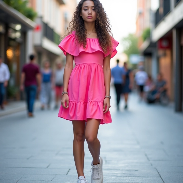 Mulher jovem com vestido rosa de babados e tênis branco em rua urbana.