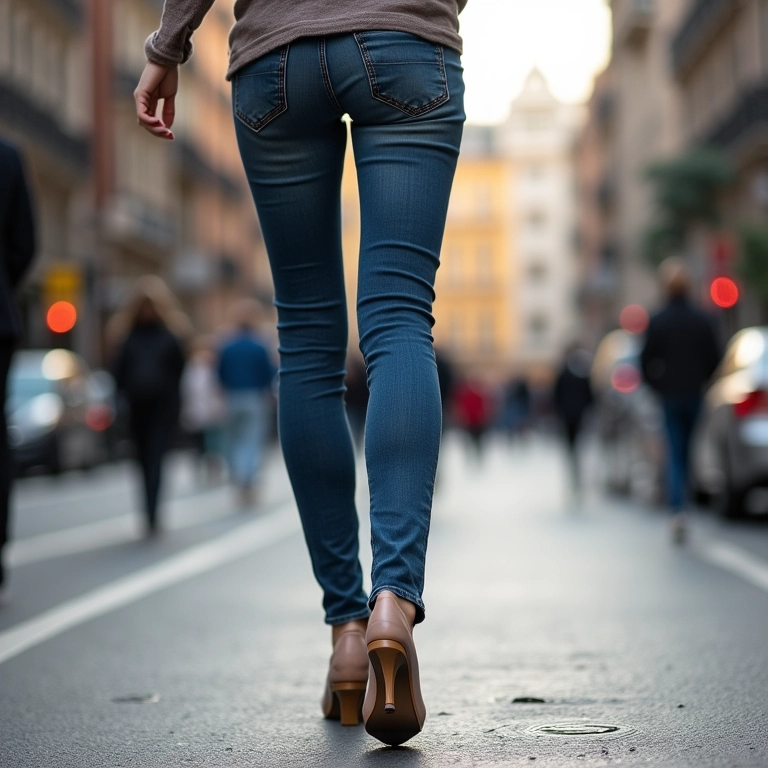 Mulher jovem e alta usando jeans skinny e salto alto em rua da cidade.