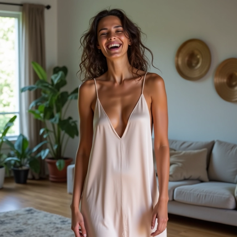 Mulher jovem em slip dress de seda curto rindo em loft moderno com design brasileiro.