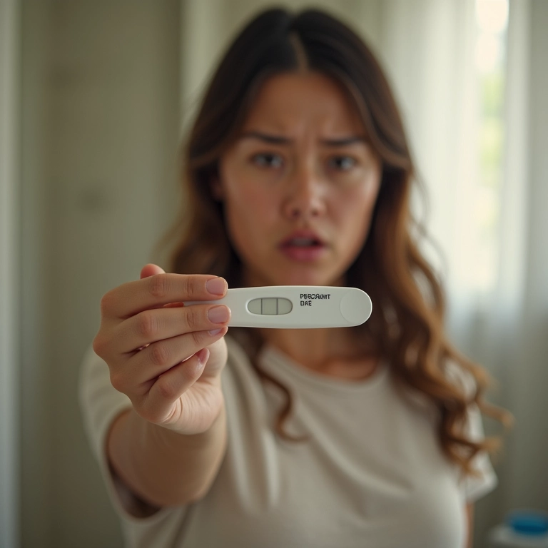 Mulher jovem preocupada segurando teste de gravidez.