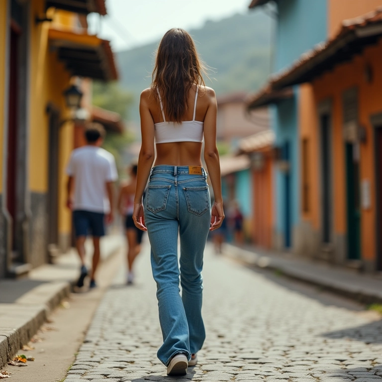 Mulher jovem usando calça de cintura baixa e top curto em rua movimentada no Brasil.
