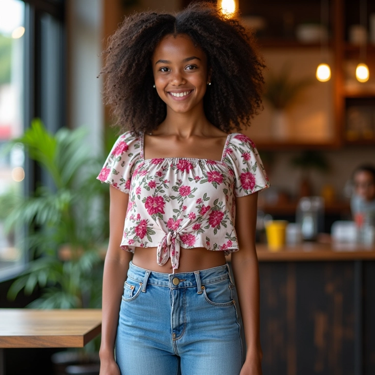 Mulher jovem vestindo skinny jeans e blusa florida.