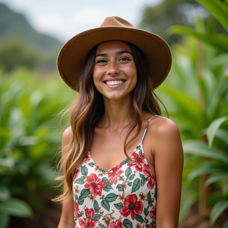 Mulher jovem vestindo vestido floral e chapéu derby em jardim brasileiro.