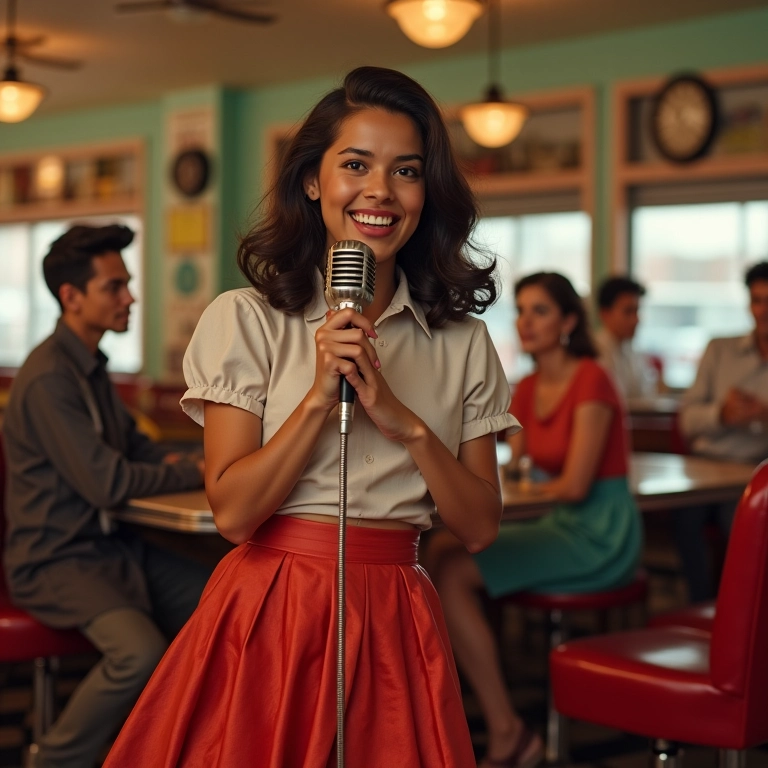 Mulher latina cantando rock 'n' roll em lanchonete dos anos 50, com estilo rebelde.