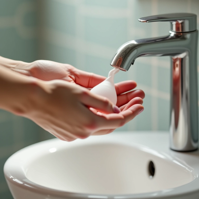 Mulher lavando as mãos antes de inserir o coletor menstrual.