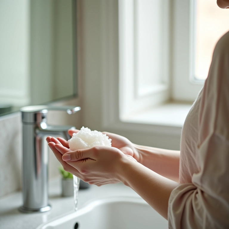Mulher lavando as mãos com sabão em um banheiro claro.
