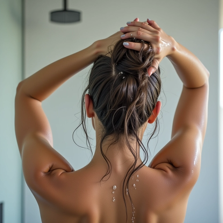 Mulher lavando o cabelo com água morna.