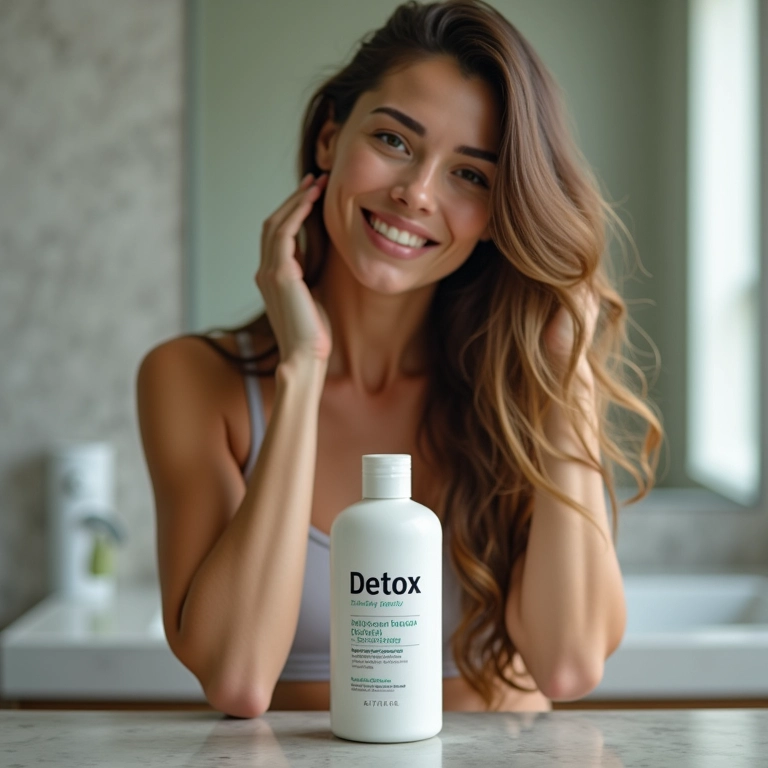 Mulher lavando o cabelo com shampoo detox em banheiro moderno.