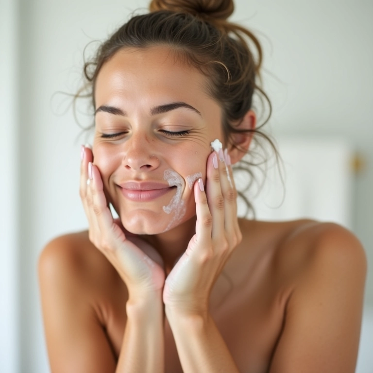 Mulher lavando o rosto com sabonete facial acessível.