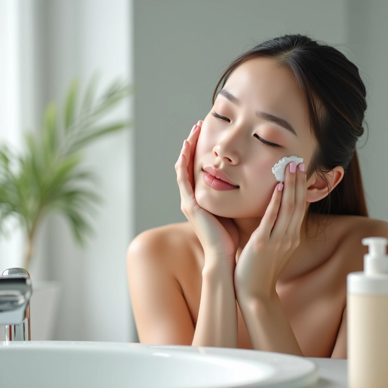 Mulher lavando o rosto suavemente com sabonete facial.