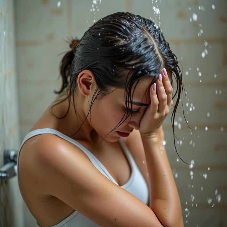 Mulher lavando suavemente seus cabelos 2C no chuveiro.