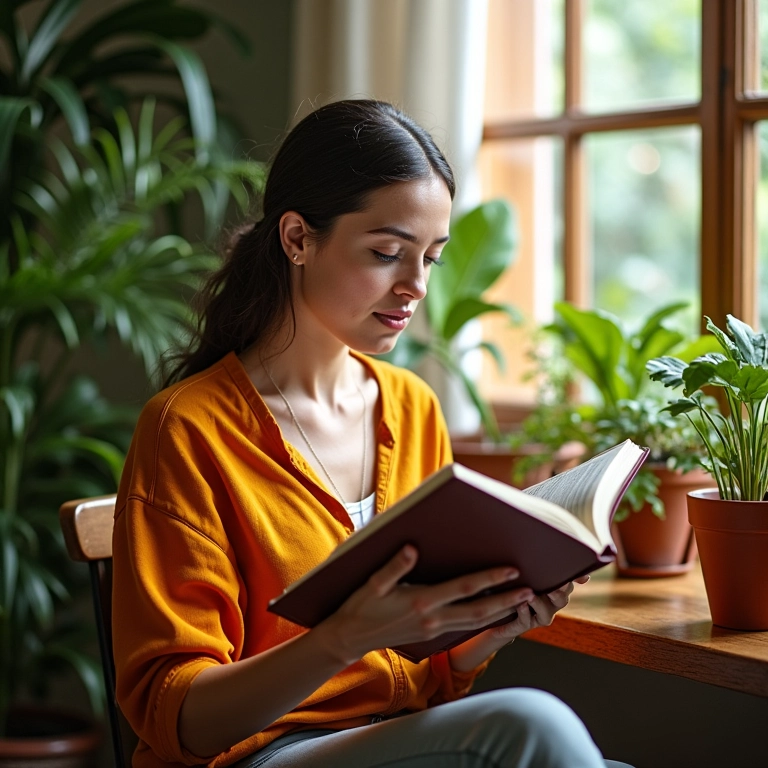 Mulher lendo a Bíblia em casa iluminada, decorada em estilo brasileiro, buscando inspiração.