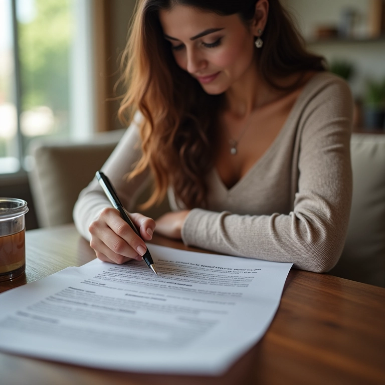 Mulher lendo contrato de intercâmbio com atenção.