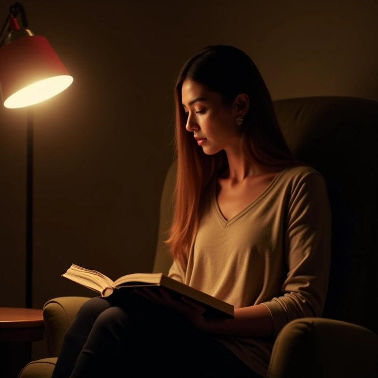 Mulher lendo livro sob luminária de piso em sala de estar.