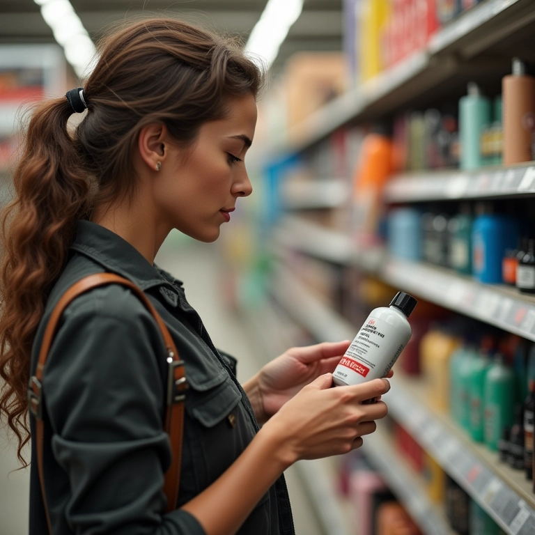 Mulher lendo o rótulo de um shampoo em uma loja de cosméticos, demonstrando atenção.