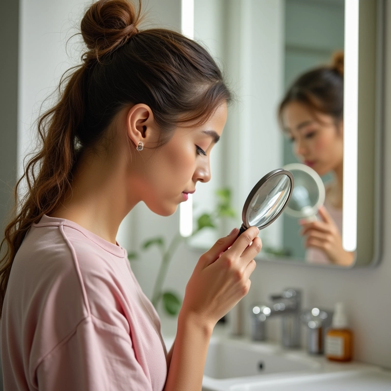 Mulher lendo rótulo de shampoo com lupa para identificar ingredientes Low Poo.