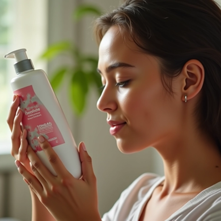 Mulher lendo rótulo de shampoo hipoalergênico.