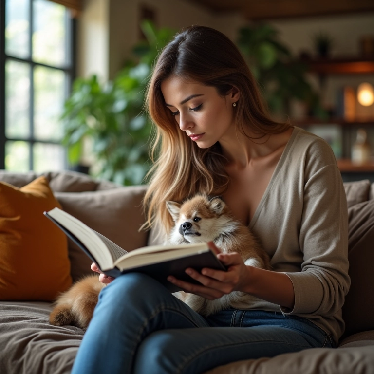 Mulher lendo um livro sobre dicas de treinamento de cães em uma sala de estar aconchegante.