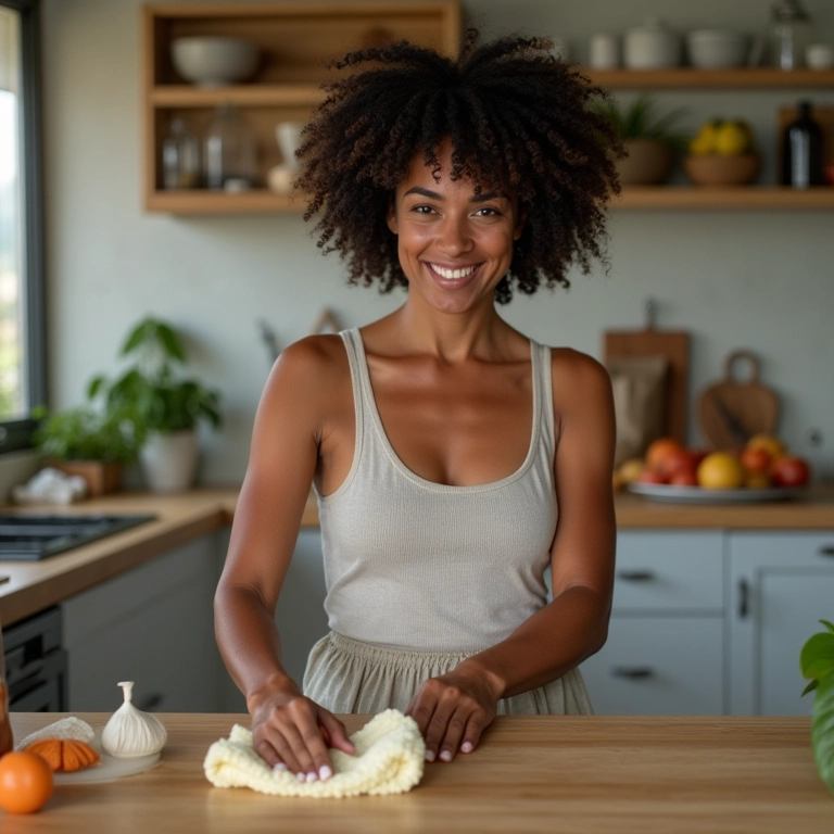Mulher limpando balcão da cozinha com produtos naturais.