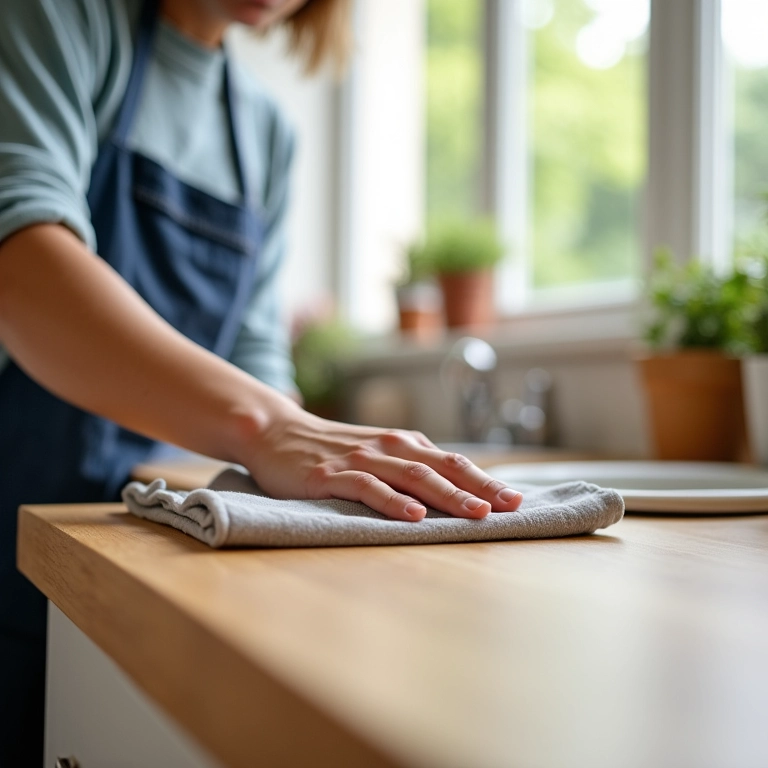 Mulher limpando bancada de madeira com pano macio na cozinha.