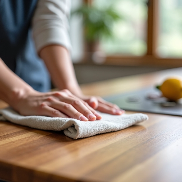 Mulher limpando bancada de madeira com produto adequado.