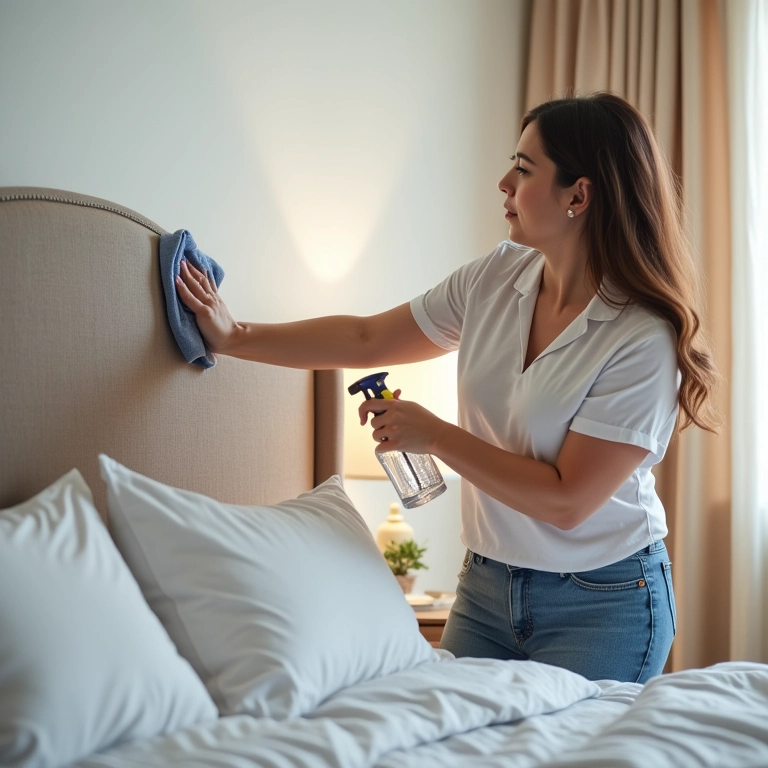 Mulher limpando cabeceira estofada com pano macio e spray de limpeza.