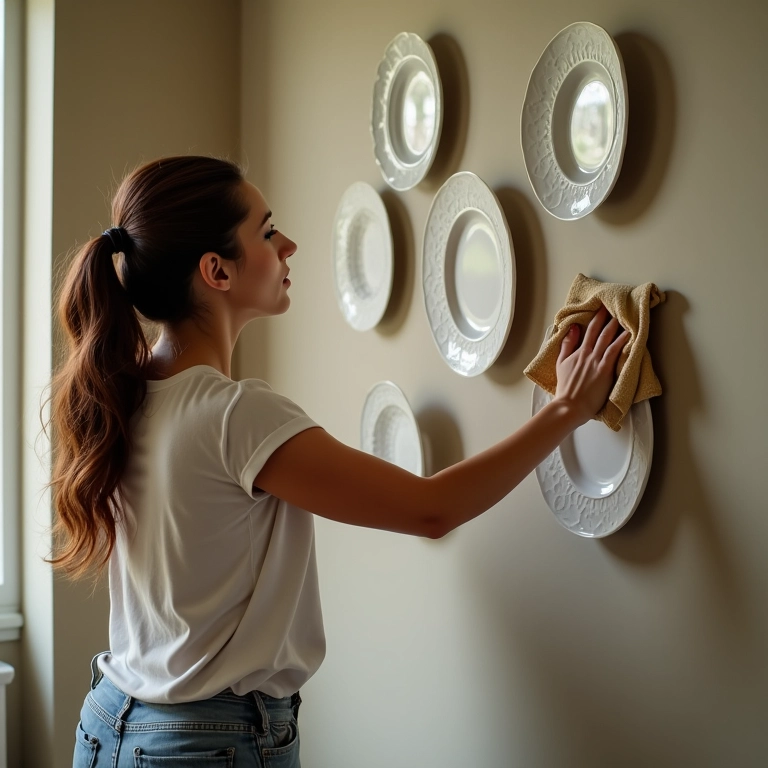 Mulher limpando delicadamente os pratos decorativos na parede.
