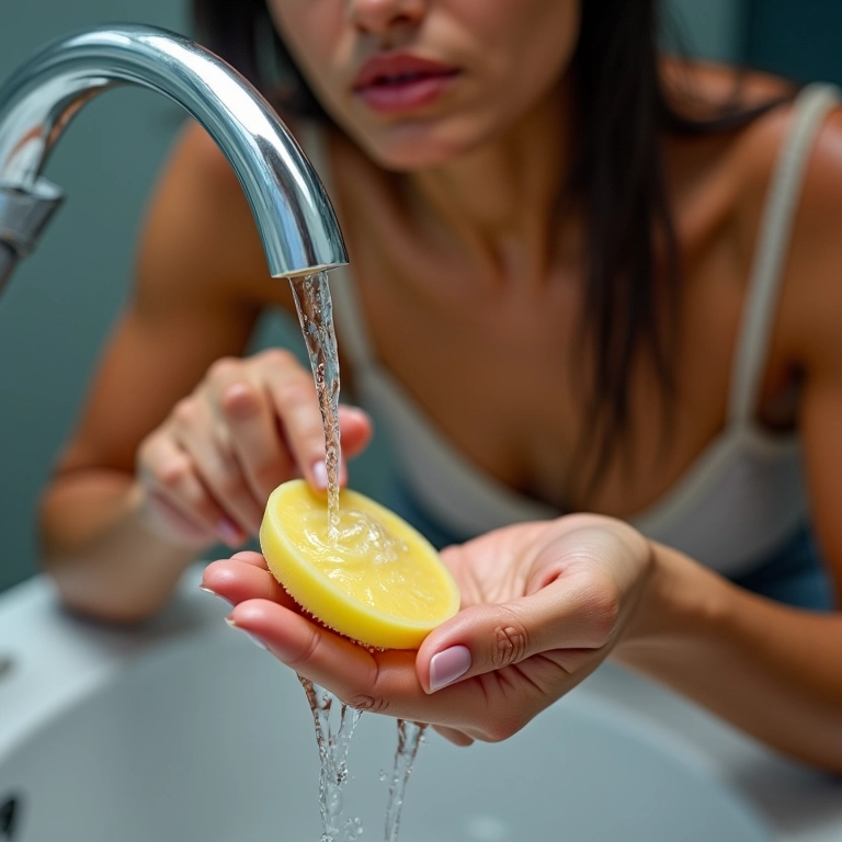 Mulher limpando esponja de silicone sob a água, demonstrando a praticidade e economia.