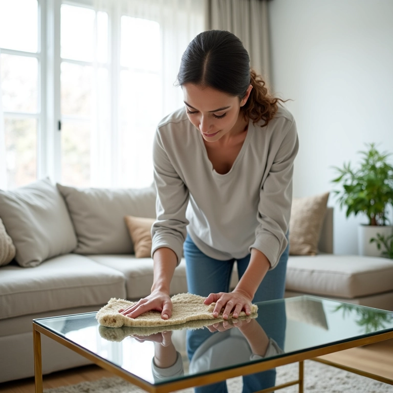 Mulher limpando facilmente mesa espelhada em sala iluminada.