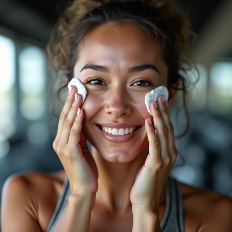 Mulher limpando o rosto com lenço umedecido após treino na academia.