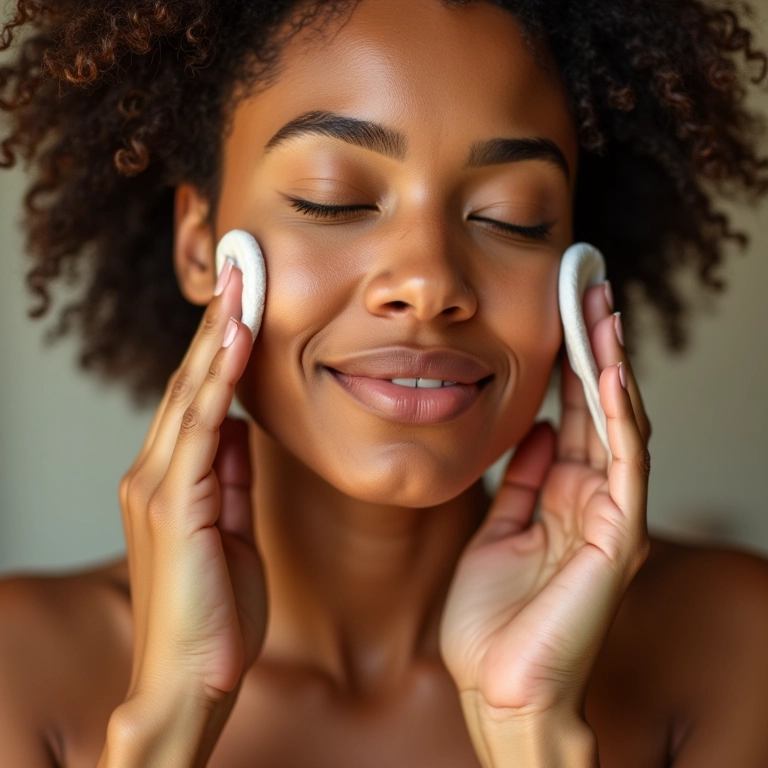 Mulher limpando o rosto com lenço umedecido suavemente.