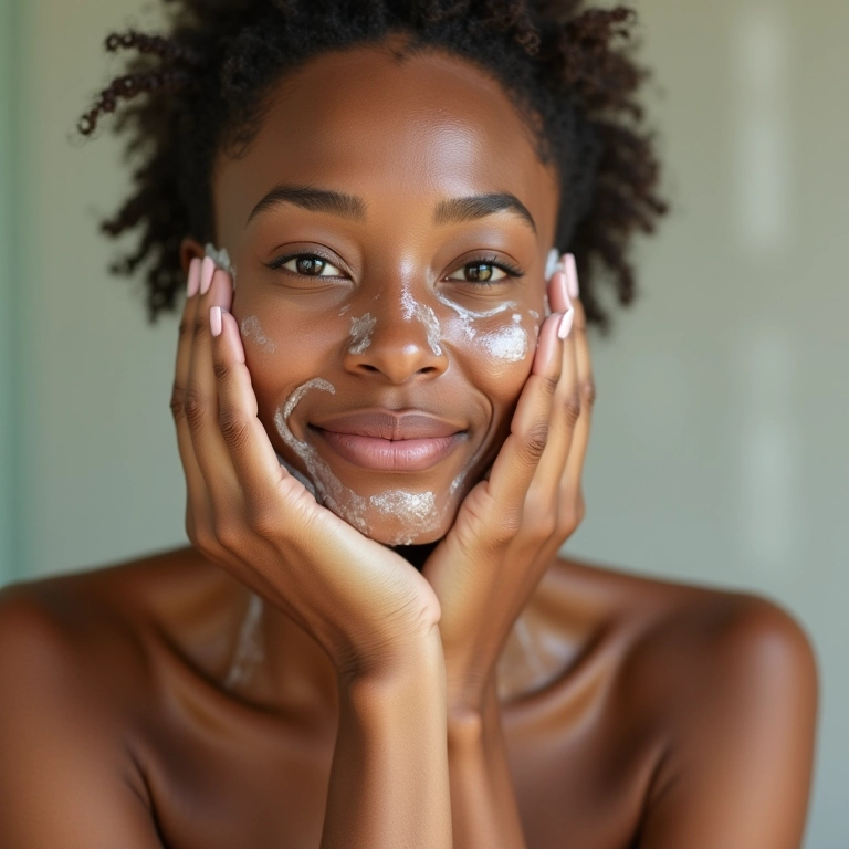 Mulher limpando o rosto oleoso com sabonete facial suave.