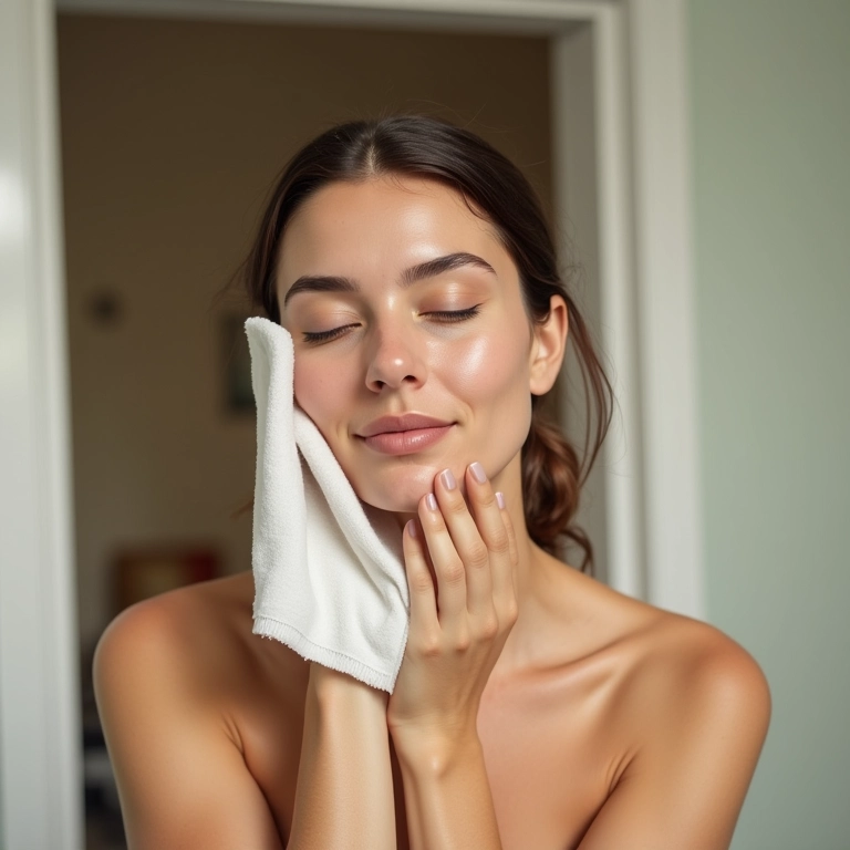 Mulher limpando o rosto suavemente com pano macio.