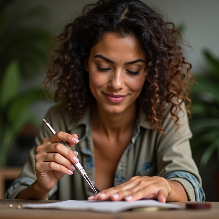 Mulher lixando unhas stiletto em ambiente decorado no estilo Farm Rio.