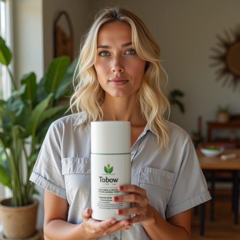 Mulher loira comparando diferentes tonalizantes para cabelo.