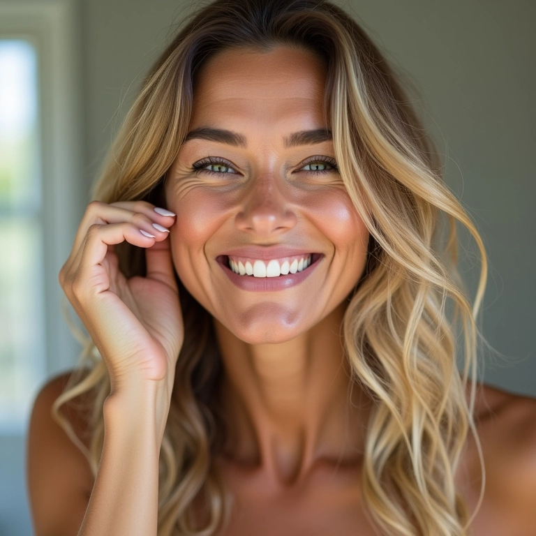 Mulher loira sorrindo após usar tonalizante para cabelos sensíveis.
