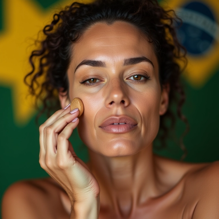 Mulher madura aplicando base com pele radiante e decoração brasileira vibrante.